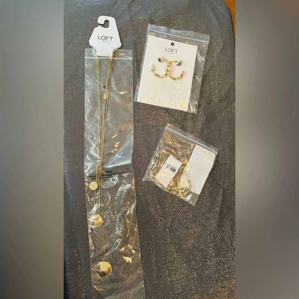 LOFT Gold Jewelry Set, Multi Layered Necklace, Hoop Earrings, & Beaded Bracelet - Picture 2 of 16
